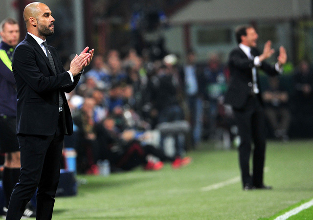 Josep Guardiola és Massimo Allegri irányítják csapataikat a Barcelona és a Milan Bajnokok Ligája-mérkőzésén 2012-ben a negyeddöntőben Milánóban.