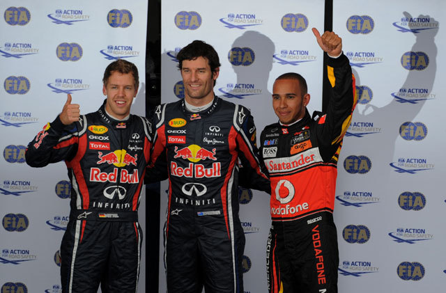 Mark Webber (középen) nyerte a Német Nagydíj időmérő edzését