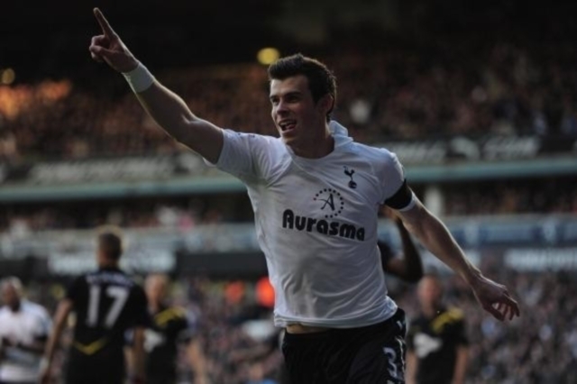 Gareth Bale örül egy góljának a Tottenham Hotspur mérkőzésén 2012-ben.