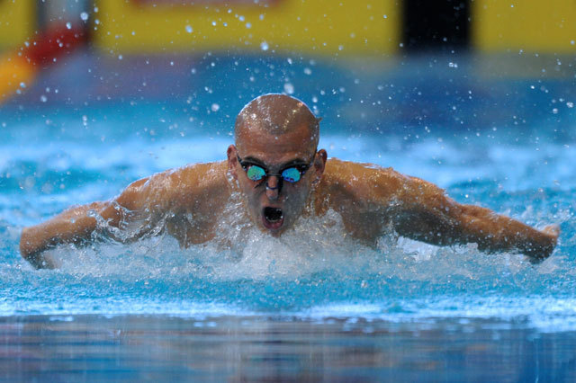 Cseh László úszik a férfi 200 méteres vegyesúszás előfutamában a debreceni Európa-bajnokságon 2012-ben.