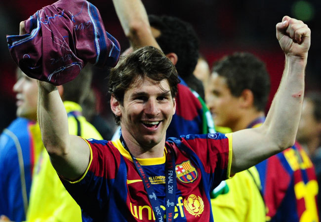 Lionel Messi örül a Barcelona-Manchester United Bl-döntő után 2011 májusában