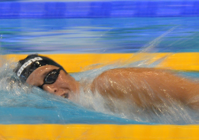 Risztov Éva úszik a női 800 méteres gyorsúszás előfutamában a debreceni Európa-bajnokságon 2012-ben.