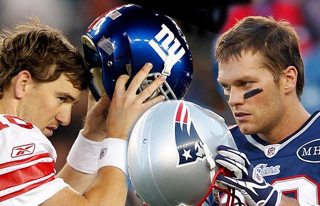 Eli Manning és Tom Brady a rivaldafényben.