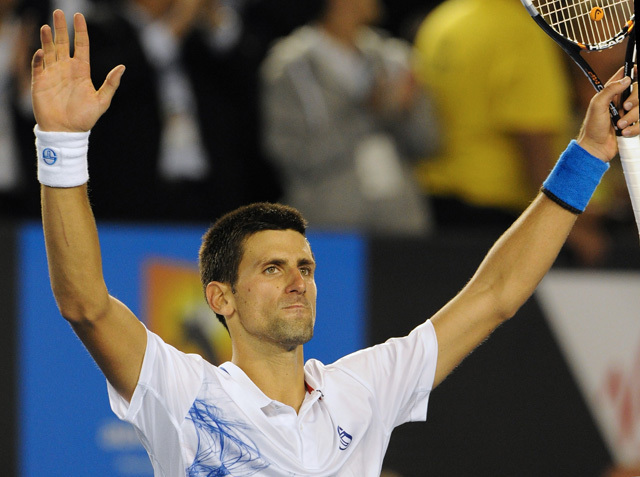 A szerb Novak Djokovics a spanyol David Ferrer elleni győztes negyeddöntő után az Australian Openen.