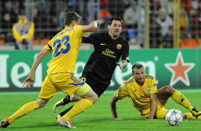 Messi két gólt szerzett a BATE ellen - Fotó: AFP