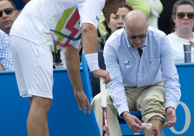 David Nalbandian kér bocsánatot az általa megsebesített vonalbírótól a Queen's Clubban rendezett tenisztornán 2012-ben.