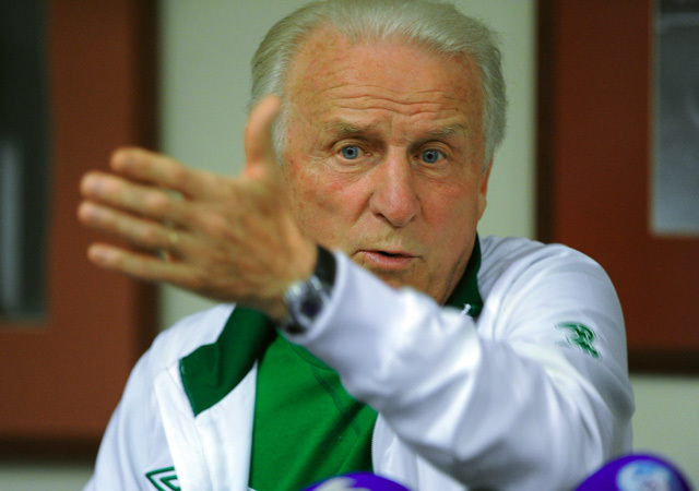 Giovanni Trapattoni a Magyarország-Írország felkészülési mérkőzés előtti sajtótájkoztatón Budapesten 2012-ben.
