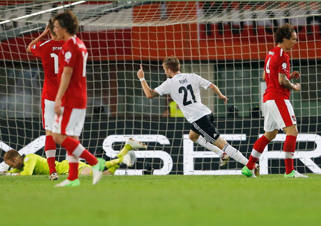 Marco Reus örül a góljának az Ausztria-Németország mérkőzésen a világbajnoki selejtezőn 2012-ben.