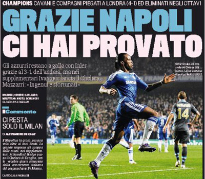 A La Gazzetta dello Sport 2012. március 15-én megjelent számának címlaprészlete, rajta a Chelsea-Napoli mérkőzéssel foglalkozó cikkel.