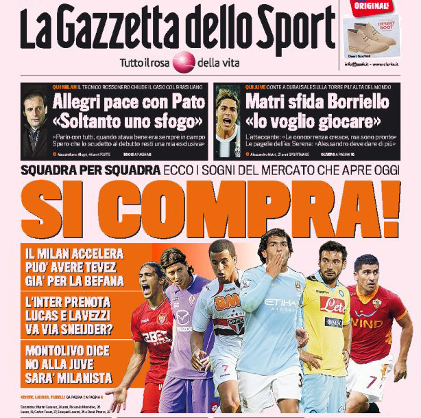 A La Gazzetta Dello Sport 2012. január 3-i számának címlaprészlete