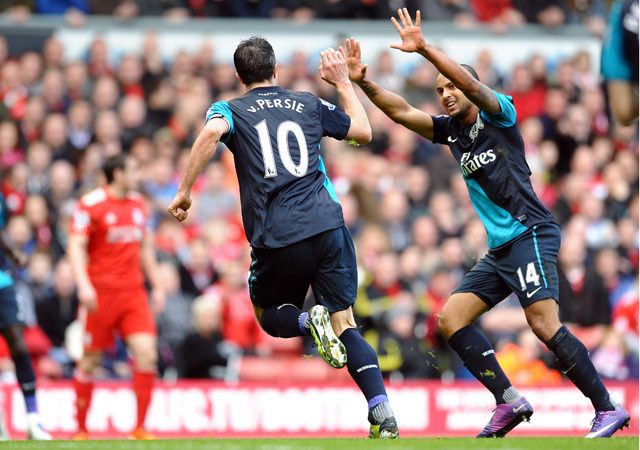 Robin van Persie örül a góljának Theo Walcottal a Liverpool-Arsenal mérkőzésen a Premier League-ben 2012-ben.
