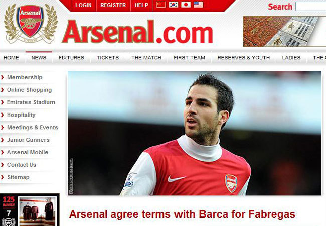 Kép az Arsenal hivatalos honlapjáról, mely arról számol be, hogy a klub megegyezett a Barcelonával Cesc Fabregas átigazolásáról 2011 augusztusában