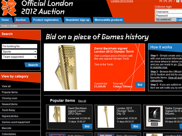 Így néz ki a londoni olimpia hivatalos aukciós oldala - Fotó: memorabilia.london2012.com