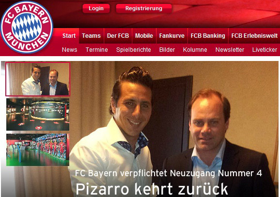 Képrészlet a Bayern München honlapjáról, Claudio Pizarro aláírta szerződését 2012-ben.