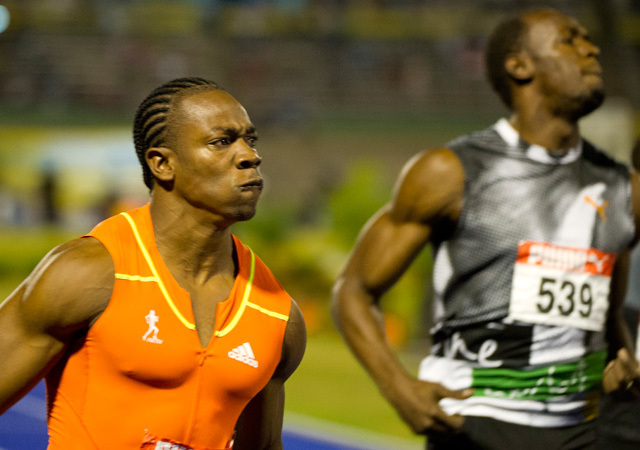 Yohan Blake és Usain Bolt a jamaicai olimpiai válogató 100 méteres síkftutó számában 2012-ben.