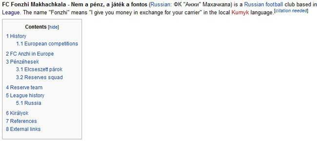 Részlet az Anzsi Mahacskala magyar szurkolók által módosított angol nyelvű szócikkéből a Wikipédiáról.