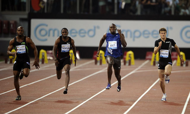 Boltot (jobbról a második) nagyon megszorongatta Asafa Powell (balról az első) 