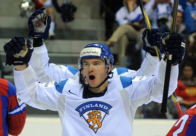 Finn játékosok gólöröme a Finnország-Oroszország mérkőzésen a jégkorong világbajnokságon 2011 májusában