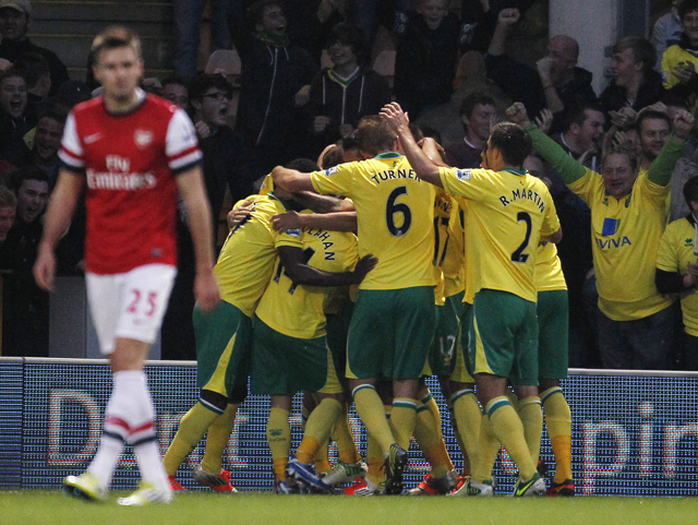 A Norwich játékosai a mindent eldöntő gólt ünneplik