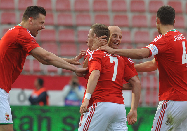 A magyar labdarúgó-válogatott játékosai örülnek a csehek ellen szerzett góljuknak 2012-ben.