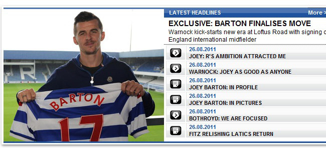 Pillanatkép a Queens Park Rangers honlapjáról, amelyen Joey Barton, a klub új igazolása mutatja fel új mezét 2011 augusztusában