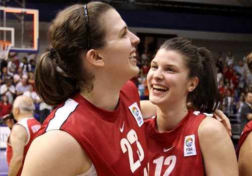 Szécsi Orsolya és Laklóth Anna öröme a bolgár női kosárlabda-válogatott legyőzése után 2011 júniusában