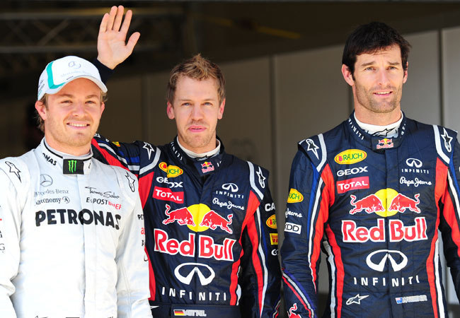 Nico Rosberg, Sebastian Vettel és Mark Webber a Forma-1-es Török Nagydíj időmérő edzése után 2011 májusában