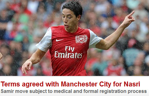 Az Arsenal hivatalos honlapján jelentette be, hogy megegyezett a Manchester Cityvel Samir Nasri átigazolásáról
