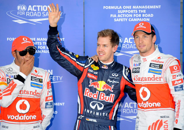 Lewis Hamilton, Sebastian Vettel és Jenson Button, a McLaren és a Red Bull Forma-1-es versenyzői 2011-ben