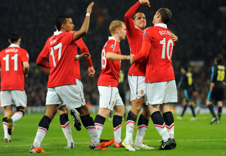 A Manchester United játékosainak gólöröme a Marseille elleni BL-visszavágón 2011 márciusában