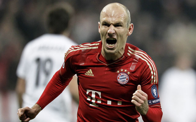 Arjen Robben örül egy góljának a Bayern München egyik mérkőzésén a Bundesligában 2012-ben.